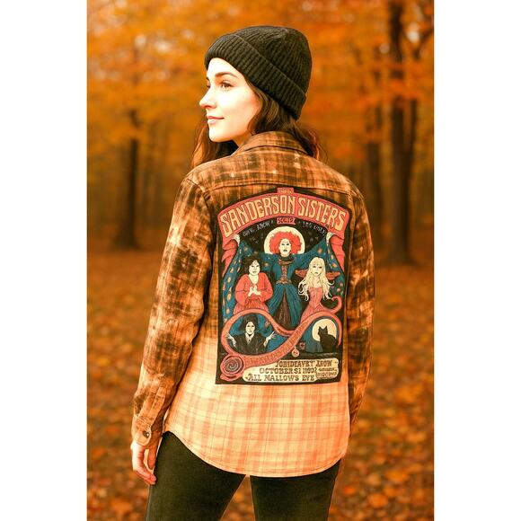 Up-cycled bleached Hocus Pocus flannel button down shirt size small - Picture 1 of 6